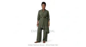 Olive Power Set-Asymmetrical Tunic +Wide Leg Pants - Ember Fashion