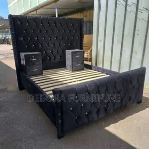 Executive Crystal Tufted Black Bed Frame Bedside Cabinets Set