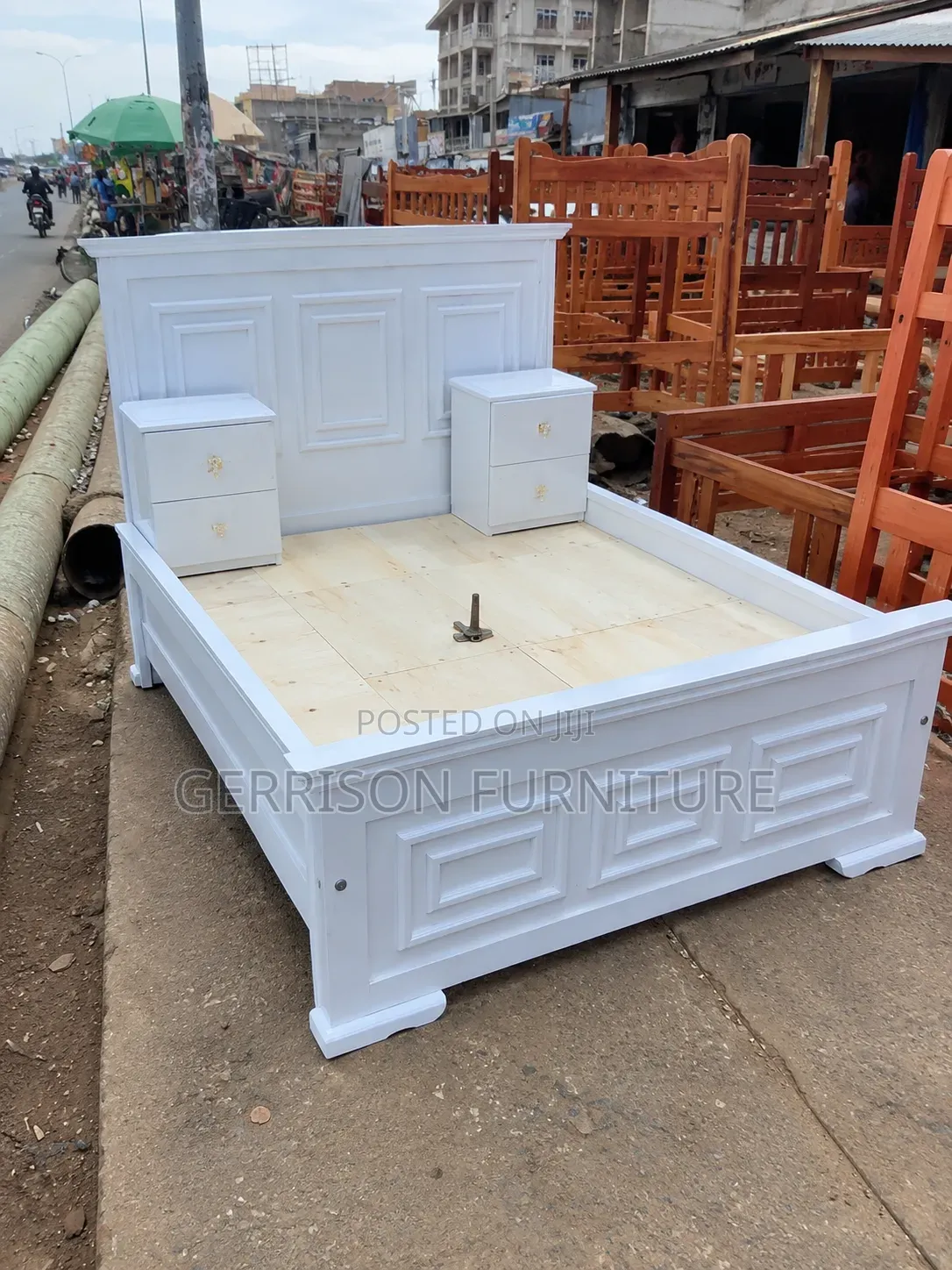 Modern 5x6 White Panel Bed Frame With 2 Matching Nightstands