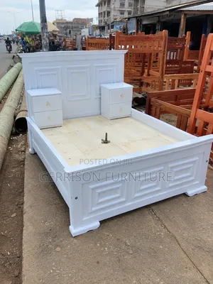 Modern 5x6 White Panel Bed Frame With 2 Matching Nightstands