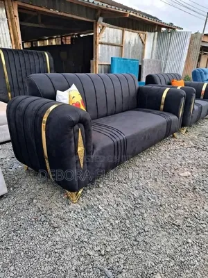Luxury Black Velvet Sofa Set (3+2 Seater) With Gold Accents