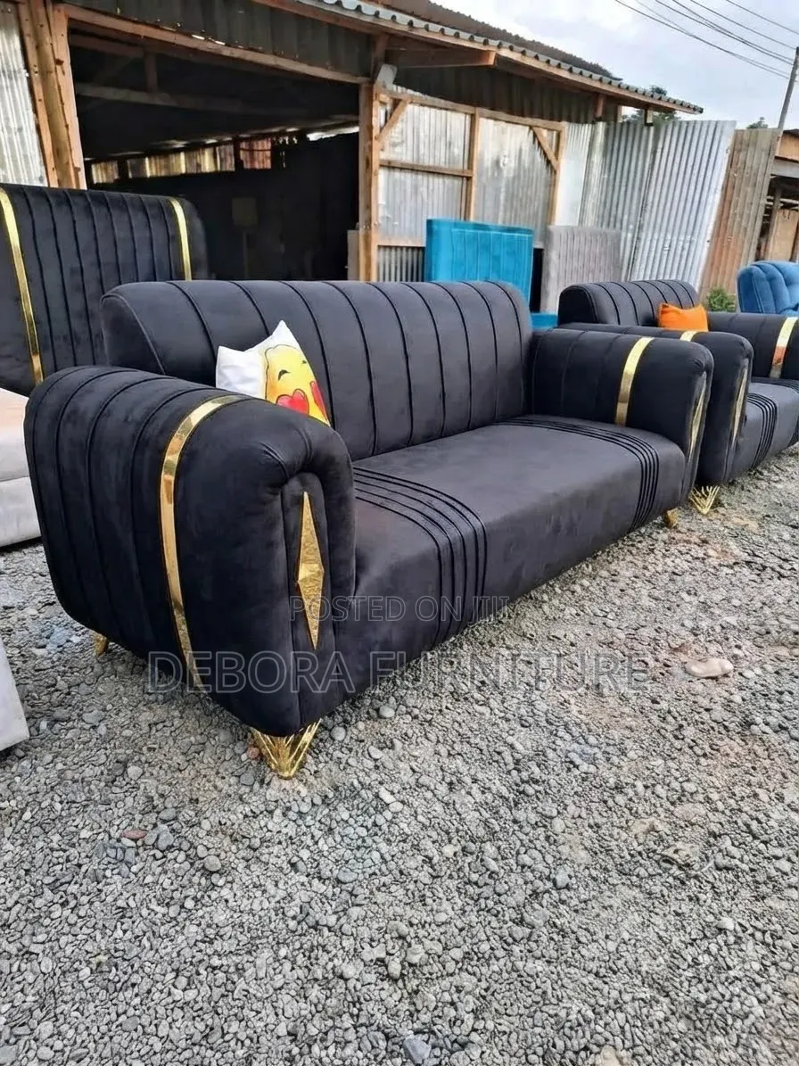 Luxury Black Velvet Sofa Set (3+2 Seater) With Gold Accents