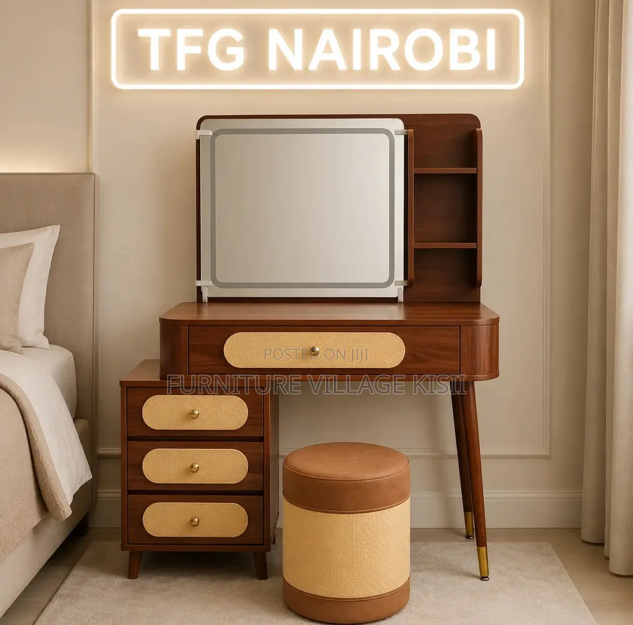 Home Furniture; Modern Brown Dressing Table With LED Lights