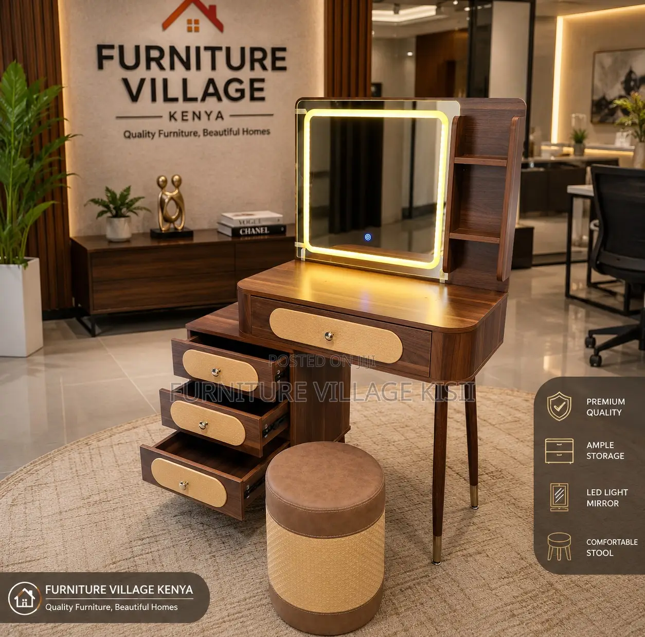 Home Furniture; Modern Brown Dressing Table With LED Lights