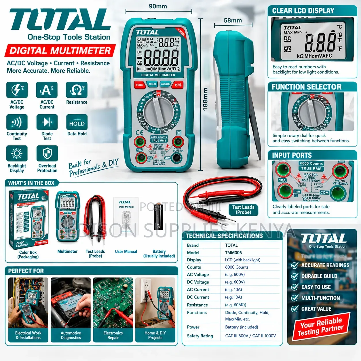 1000v Total Digital Multimeter 1000 Volts 6000 Counts Heavy Duty