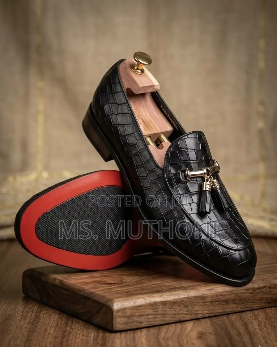 Red Bottom Black Crocodile-Embossed Leather Tassel Loafers Size 39-45