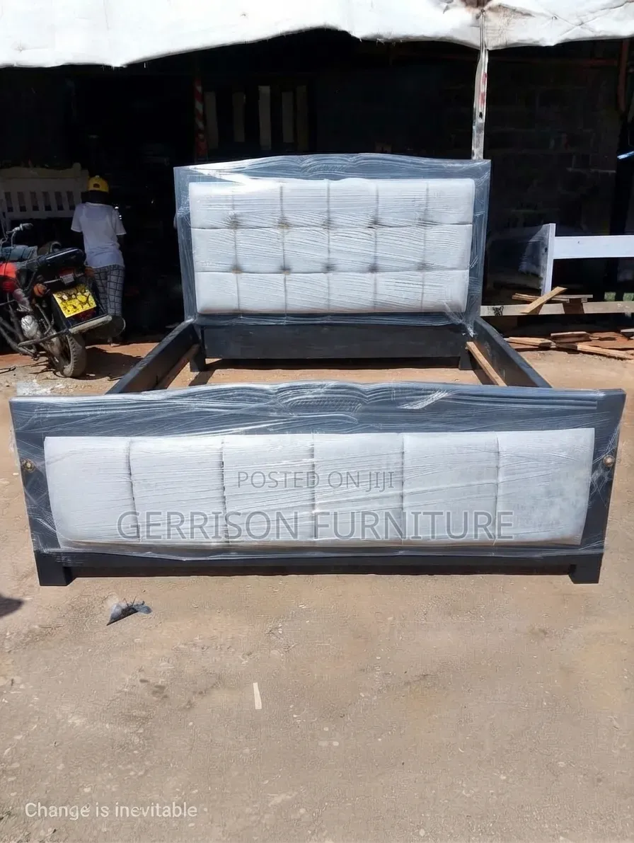 Modern 5x6 Black Wooden Bed Frame With Tufted Grey Velvet Panels