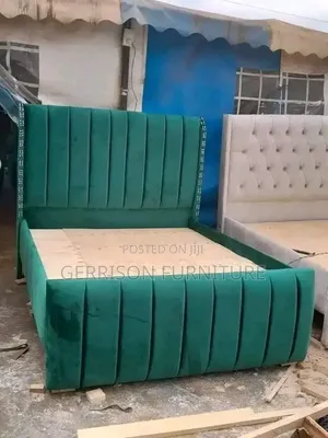 Modern 5x6 Wingback Bed Frame in Green Velvet Fabric