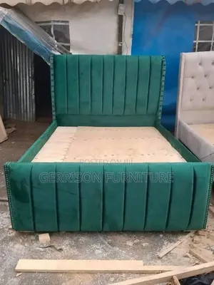 Modern 5x6 Wingback Bed Frame in Green Velvet Fabric