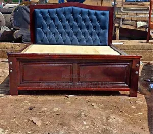 Luxury 5x6 Mahogany Bed Frame With Dark Blue Tufted Velvet