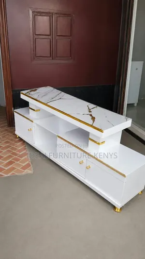 Modern TV Stand - White Gold Marble TV Cabinet With Storage