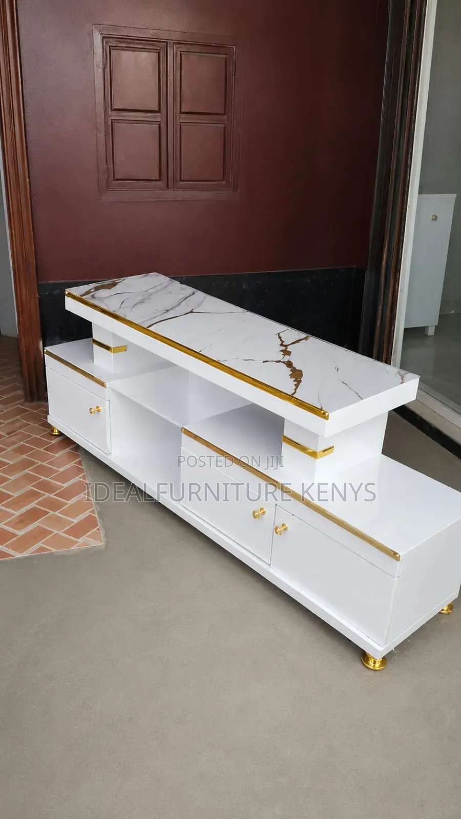 Modern TV Stand - White Gold Marble TV Cabinet With Storage