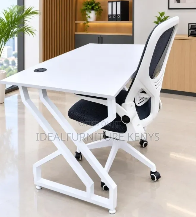 Modern Office Desk and Chair Set - White Z-Frame Computer Desk