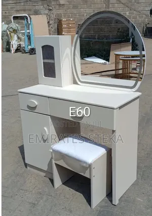 Pure White Dressing Table With a Stool and a Mirror With Lights
