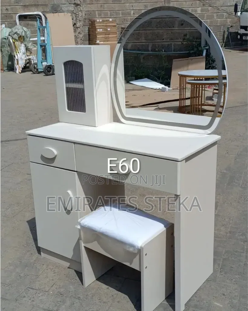 Pure White Dressing Table With a Stool and a Mirror With Lights