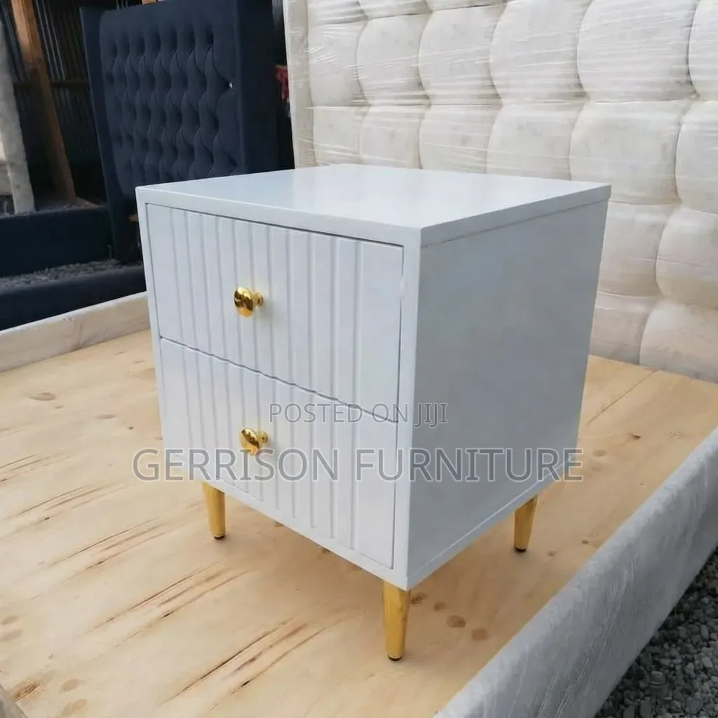 Modern White Fluted 2-Drawer Bedside Locker With Gold Legs