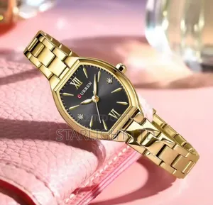 Gold Link Strap Black Barrel-Shaped Face With Rhinestones