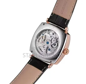Rose Gold Square Mechanical Watch With Black Leather Strap