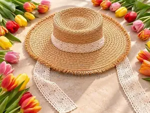 Straw Boater Hat With Lace Tie Straps