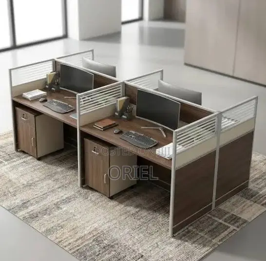 Office Workstation : 4-Way Dark Wood Modular Workstation