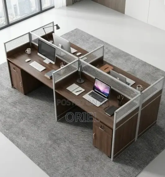 Office Workstation : 4-Way Dark Wood Modular Workstation