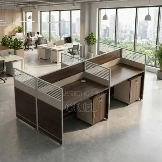 Office Workstation : 4-Way Dark Wood Modular Workstation