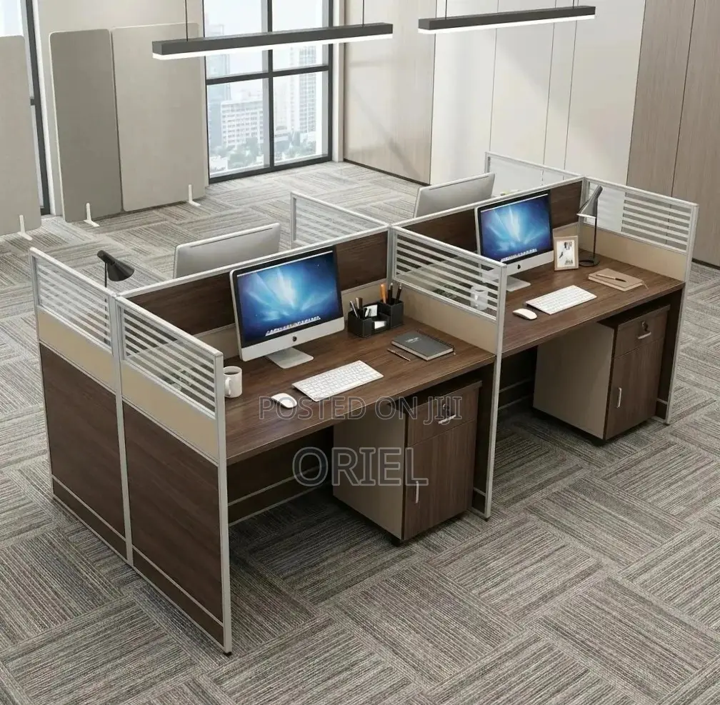 Office Workstation : 4-Way Dark Wood Modular Workstation