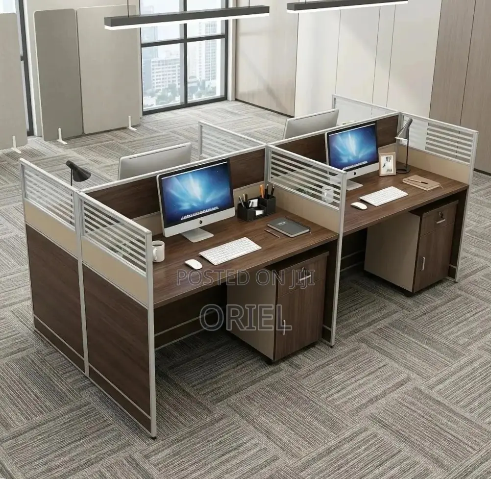 Office Workstation : 4-Way Dark Wood Modular Workstation