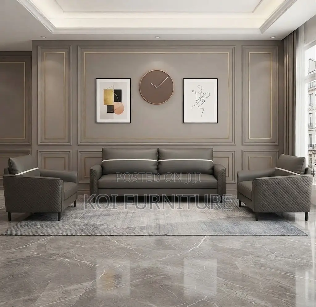 Office Sofa; Five Seaters Diplomatic Leather Grey Sofa Set