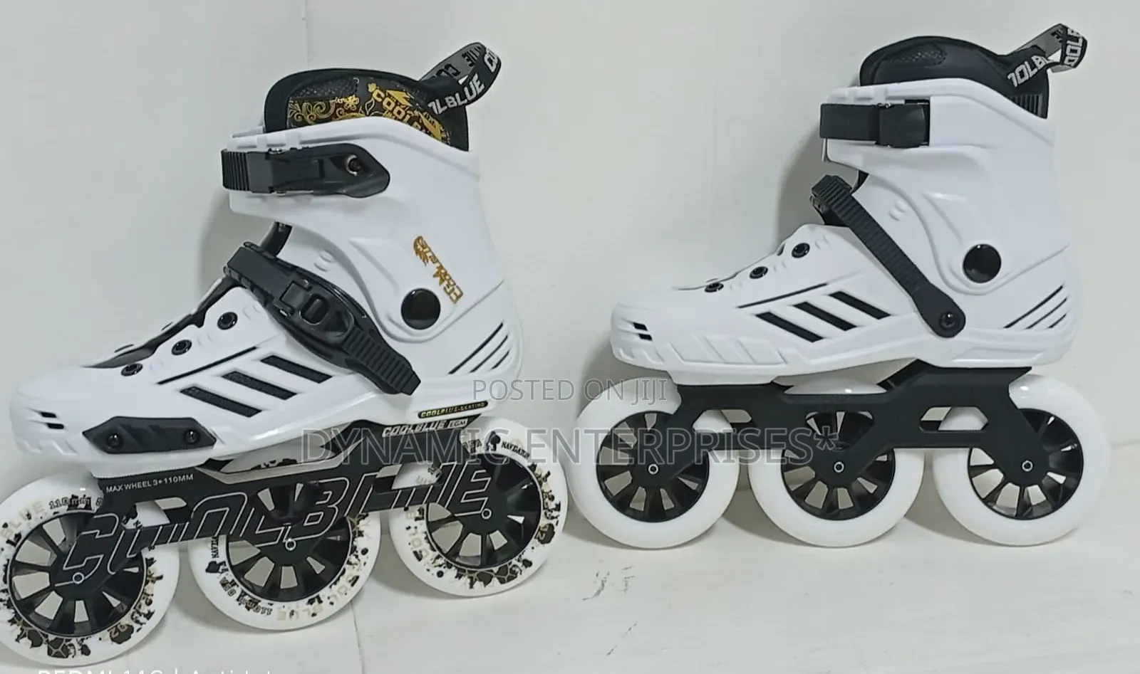 *Black Cool Blue Hard-Boot Inline Speed Skates Featuring a Three-Wheel