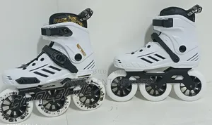 *Black Cool Blue Hard-Boot Inline Speed Skates Featuring a Three-Wheel