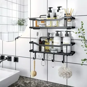 Black Adhesive Shower Caddy 4 Hooks No Drilling Bathroom Organizer -Cr