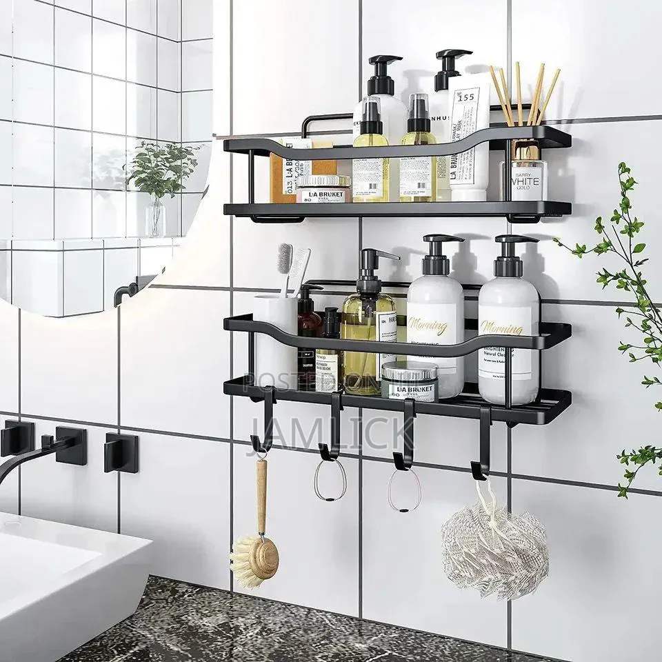 Black Adhesive Shower Caddy 4 Hooks No Drilling Bathroom Organizer -Cr