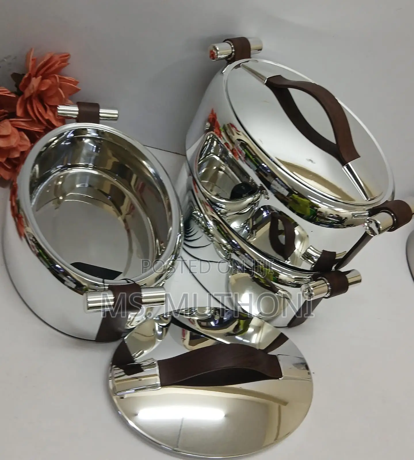 3 PCS Silver Forever Gold Food Warmers Ft Brown Faux-Leather Handles