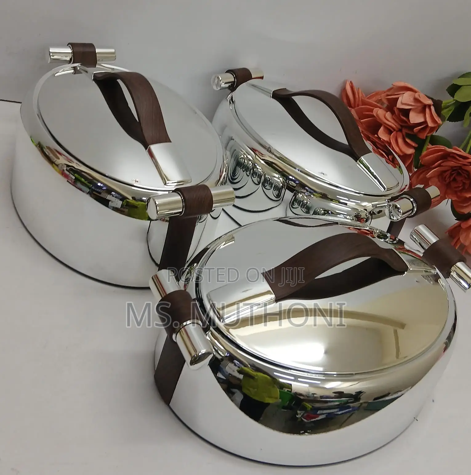 3 PCS Silver Forever Gold Food Warmers Ft Brown Faux-Leather Handles