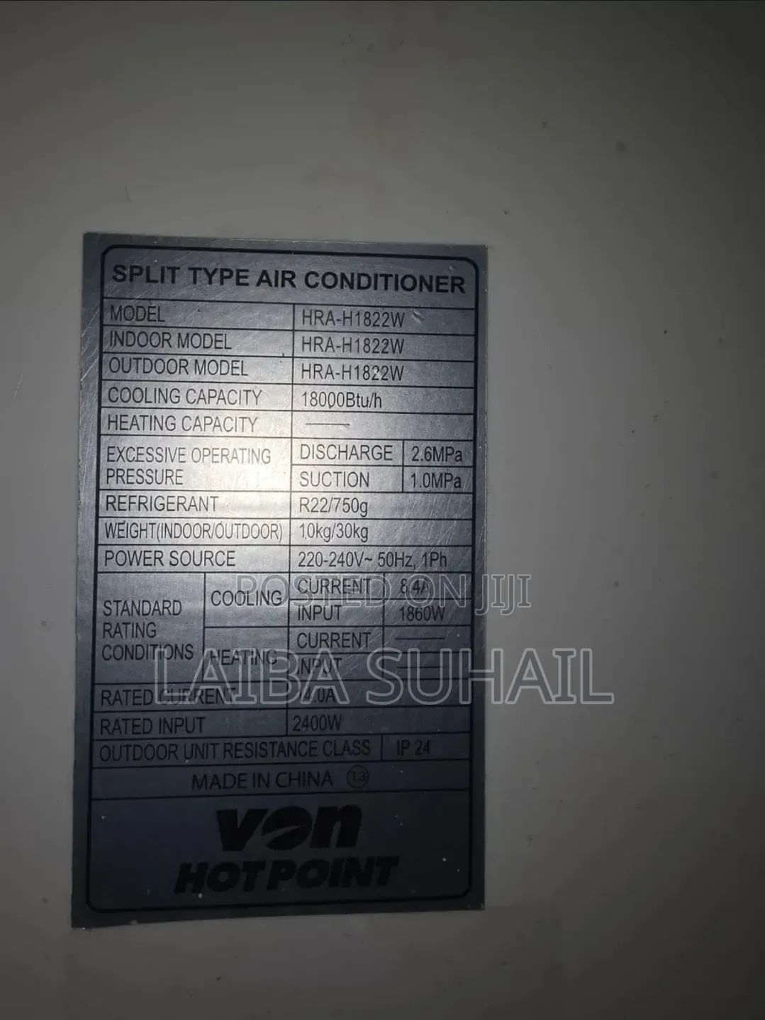 VON 18K BTU Split AC + Remote, Sollatek, Brackets Pipes