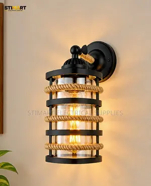 Vintage Black Cage and Rope Wall Lamp