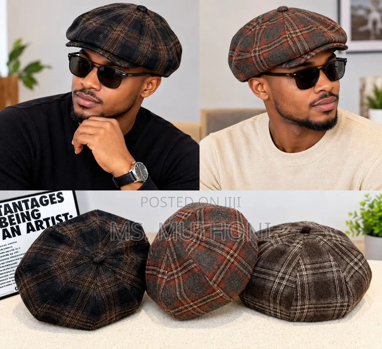 Plaid Newsboy Caps With Faux-Leather Visors