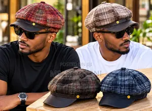 Plaid Newsboy Caps With Faux-Leather Visors