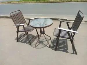 Outdoor Patio Set 2 Chairs + Glass Table - Brown Metal Garden Set