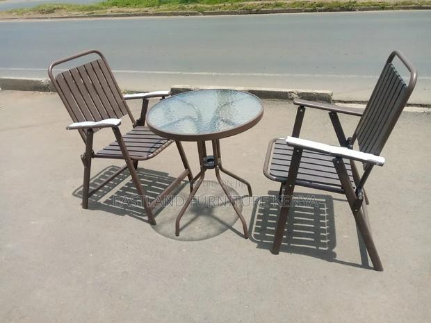 Outdoor Patio Set 2 Chairs + Glass Table - Brown Metal Garden Set