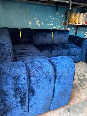 5 Seater L-Shape Blue Bubble Velvet Sofa.