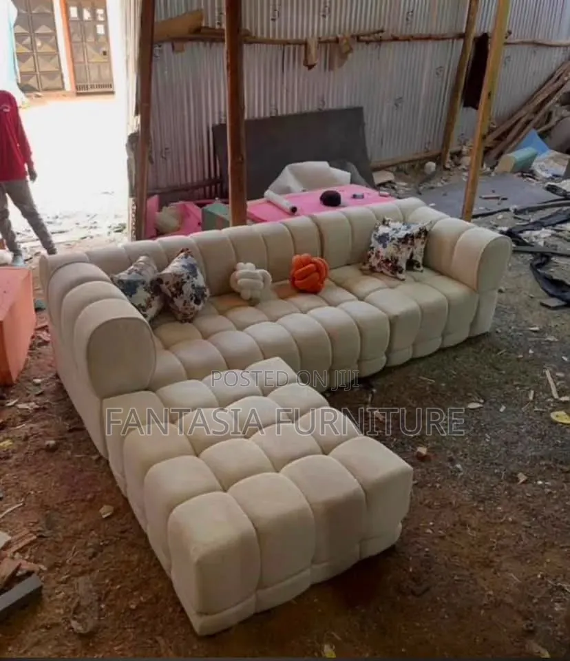 5 Seater Sectional Cream Bubble Sofa