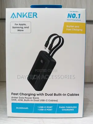 Anker Zolo Power Bank 20,000mAh 45W Dual Built-in USB-C Cables - Black