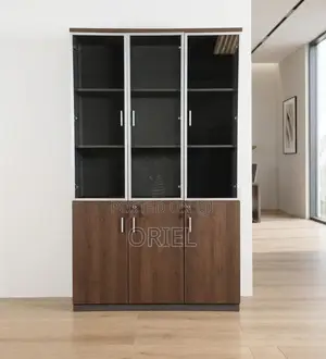 Office Cabinet : 3-Door Wooden Half Glass Storage Cabinet