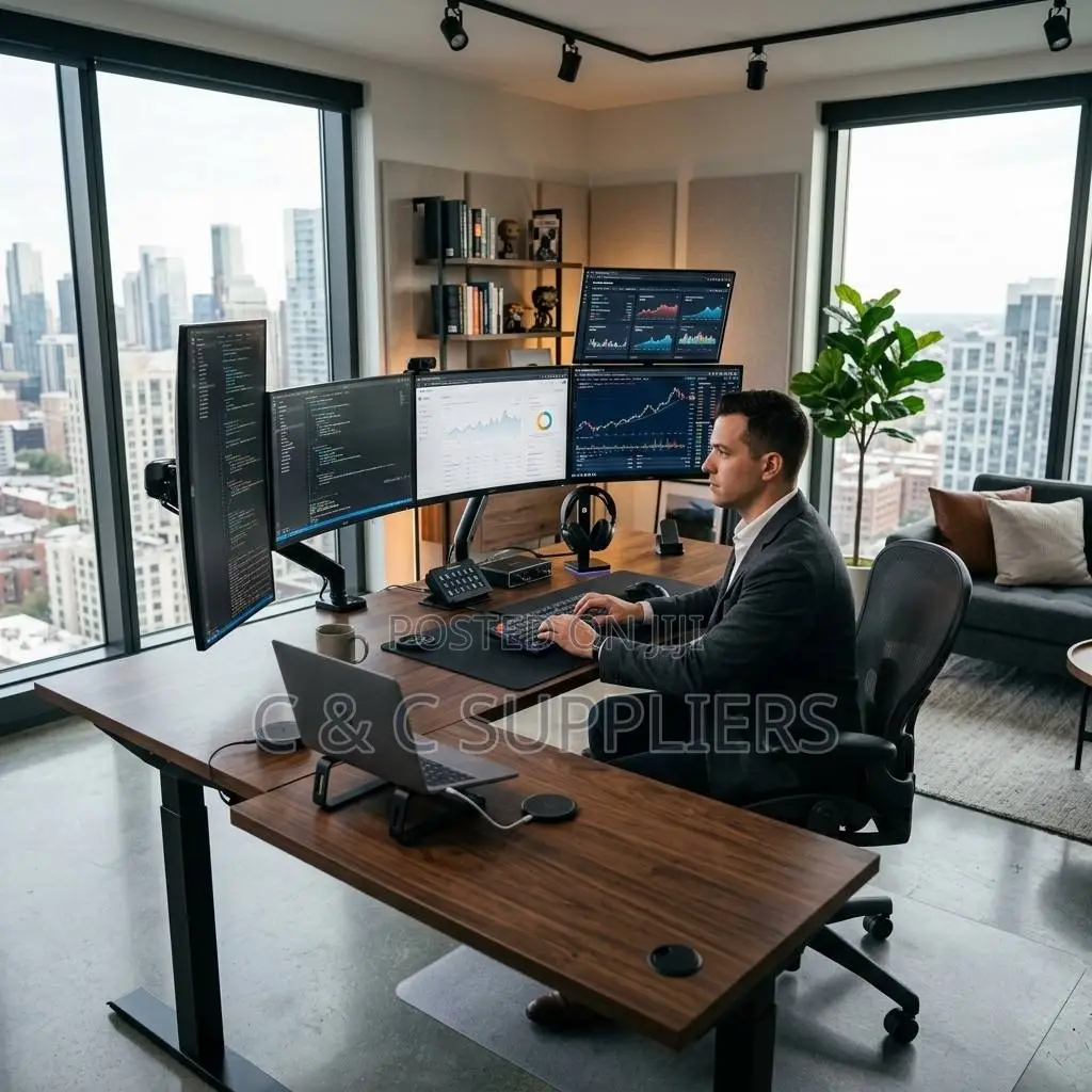 Curved Brown Height Adjustable Desk-1.4m