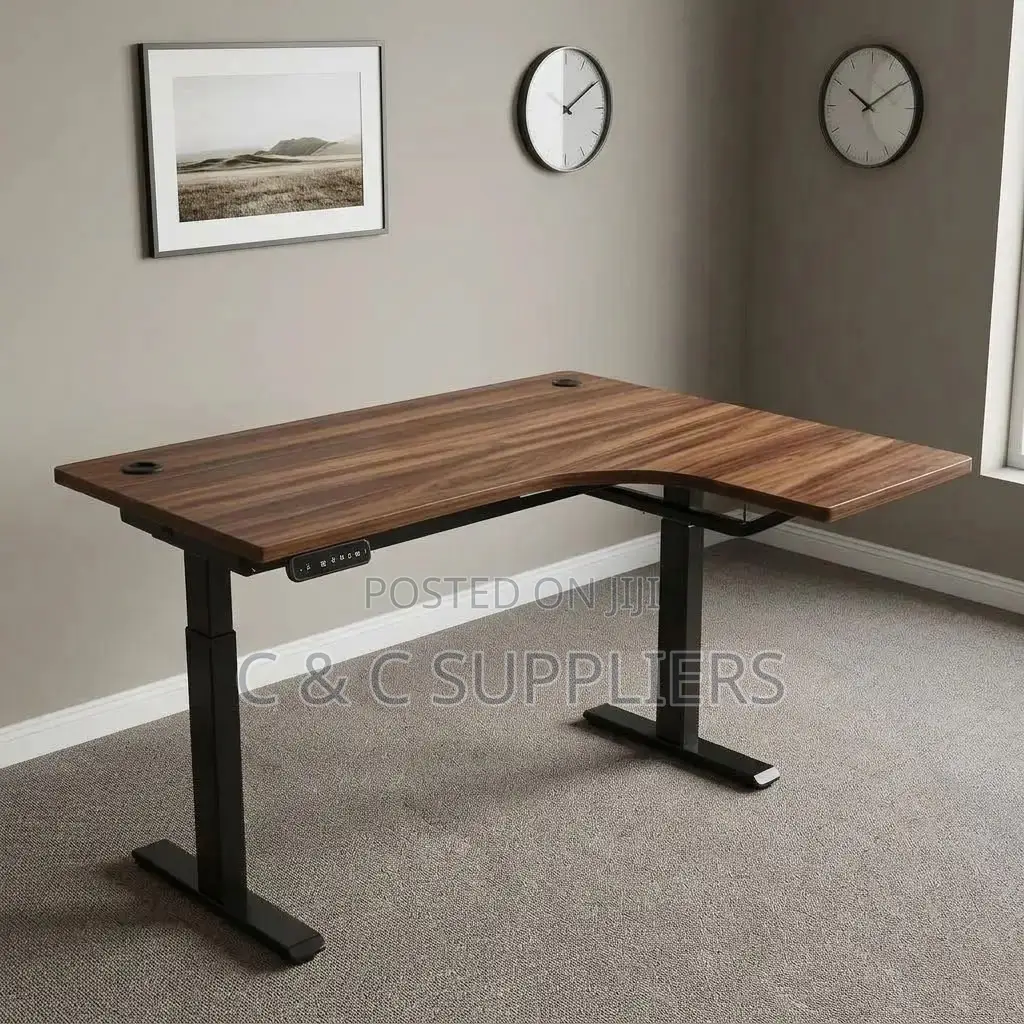 Curved Brown Height Adjustable Desk-1.4m