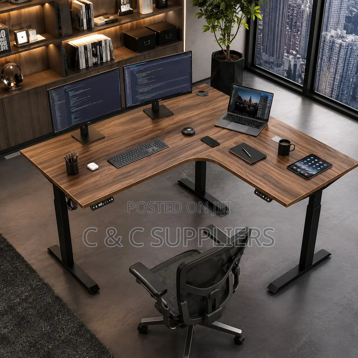 Curved Brown Height Adjustable Desk-1.4m