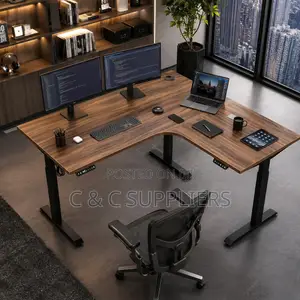 Curved Brown Height Adjustable Desk-1.4m