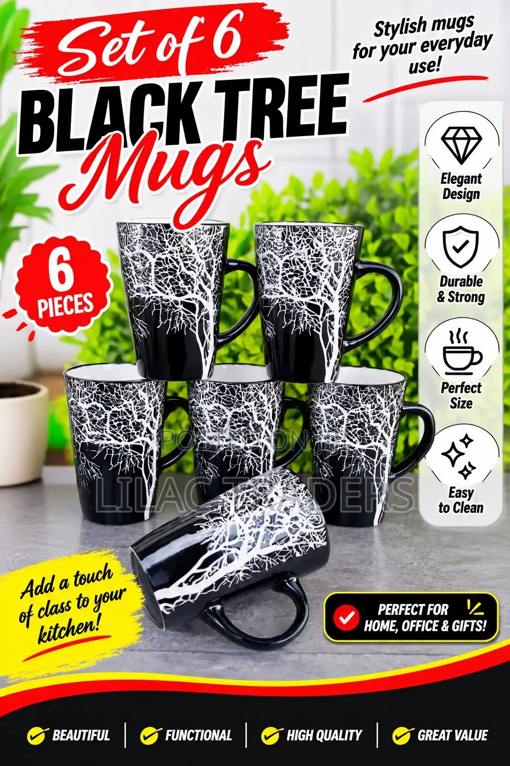 *A Set of 6 Black Tree Mugs Je